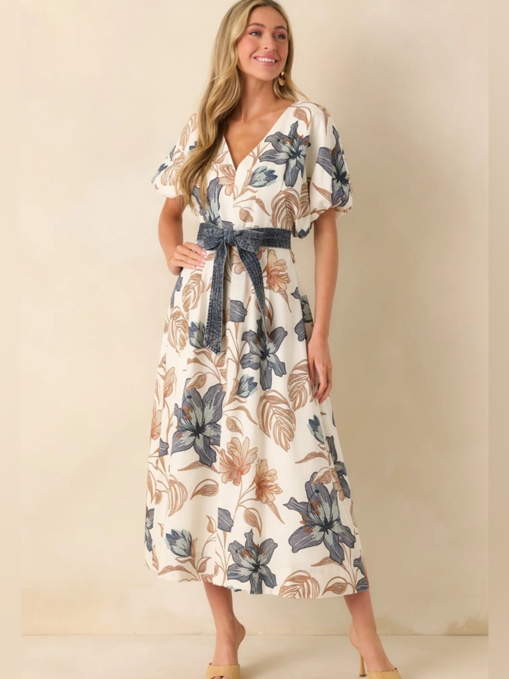 Aylaya Size Small Ivory Floral Print Linen Blend Sorrento Midi Dress